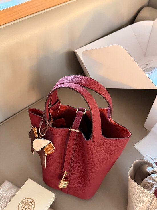 Luxury Handbags - Luxury Rouge H Clemence Picotin Lock 18 Gold Hardware Bag